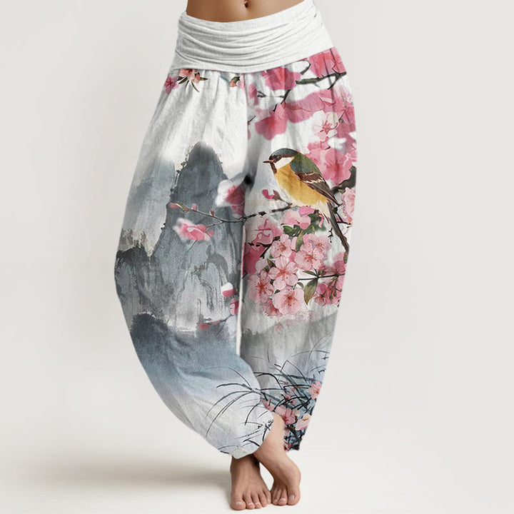 Buddha Stones Bird Cherry Blossom Mountains Pattern Women's Elastic Waist Harem Pants