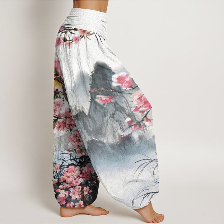 Buddha Stones Bird Cherry Blossom Mountains Pattern Women's Elastic Waist Harem Pants