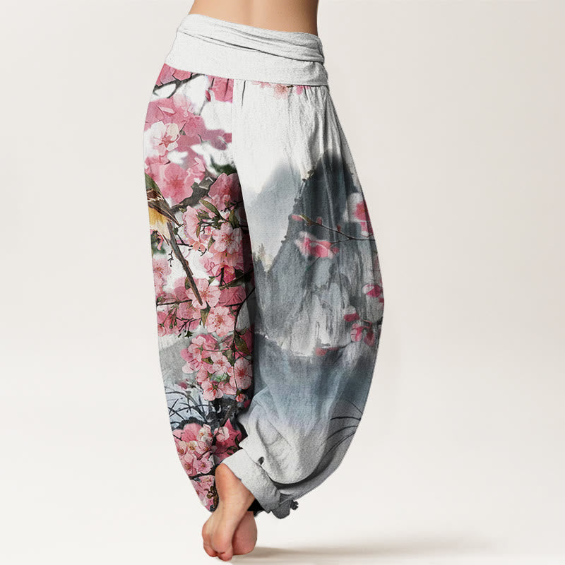 Buddha Stones Cotton Bird Cherry Blossom Mountains Pattern Women's Elastic Waist Harem Pants - image 1