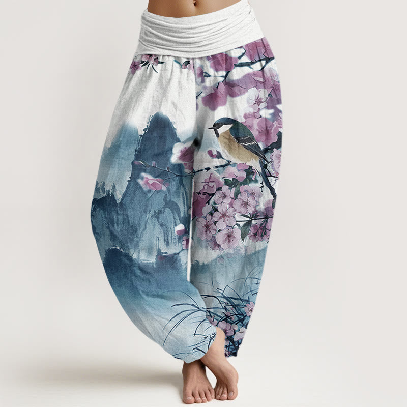 Buddha Stones Bird Cherry Blossom Mountains Pattern Women's Elastic Waist Harem Pants