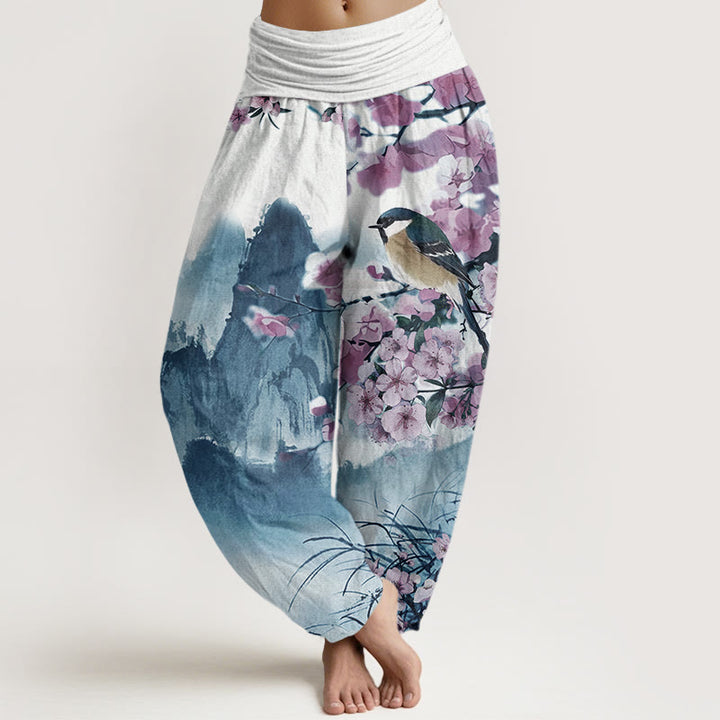 Buddha Stones Bird Cherry Blossom Mountains Pattern Women's Elastic Waist Harem Pants