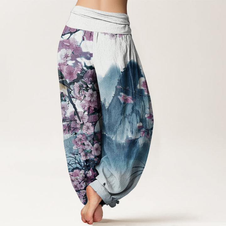 Buddha Stones Bird Cherry Blossom Mountains Pattern Women's Elastic Waist Harem Pants