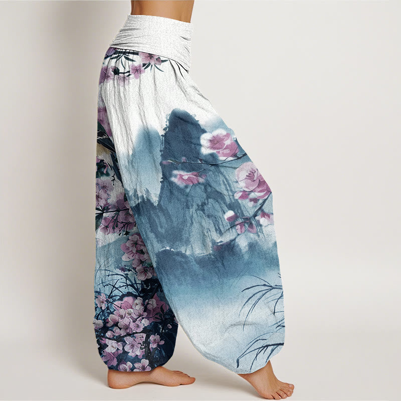 Buddha Stones Bird Cherry Blossom Mountains Pattern Women's Elastic Waist Harem Pants