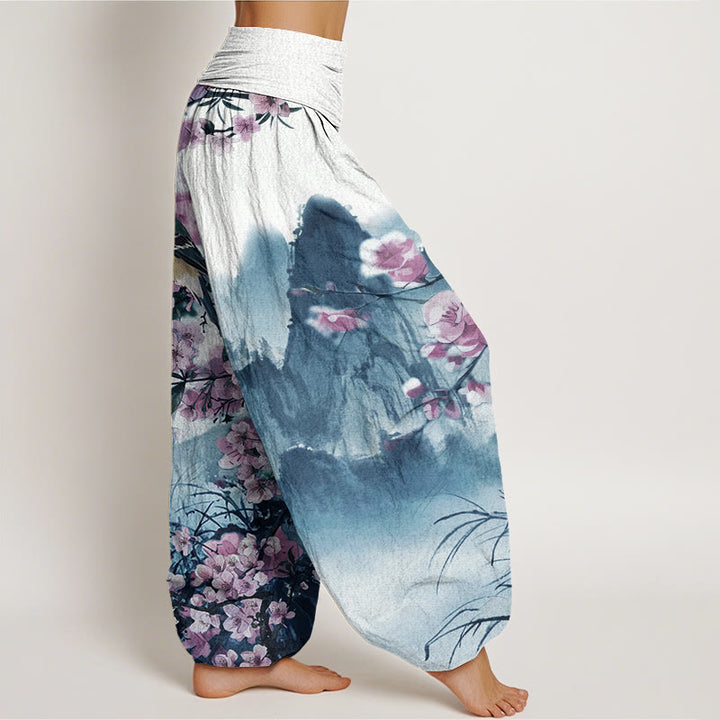 Buddha Stones Bird Cherry Blossom Mountains Pattern Women's Elastic Waist Harem Pants
