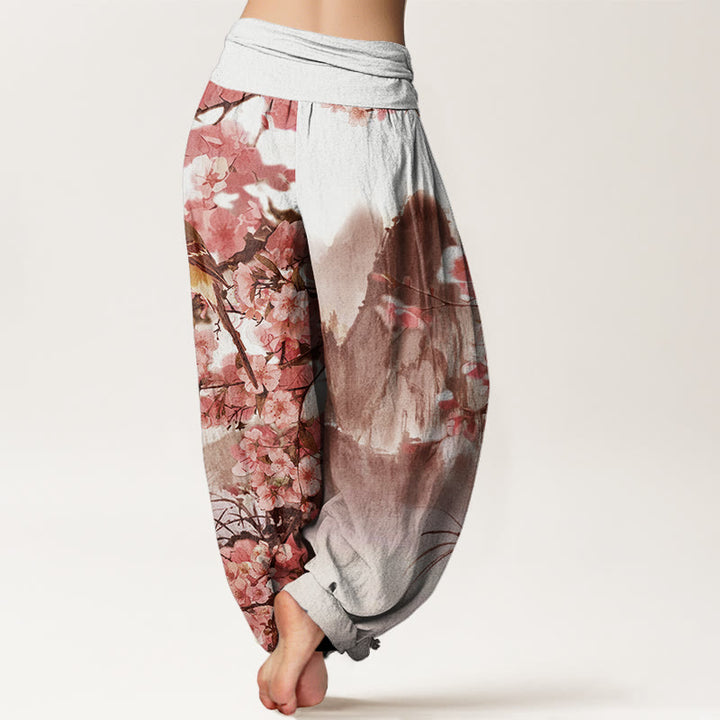 Buddha Stones Bird Cherry Blossom Mountains Pattern Women's Elastic Waist Harem Pants