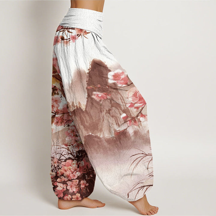 Buddha Stones Bird Cherry Blossom Mountains Pattern Women's Elastic Waist Harem Pants