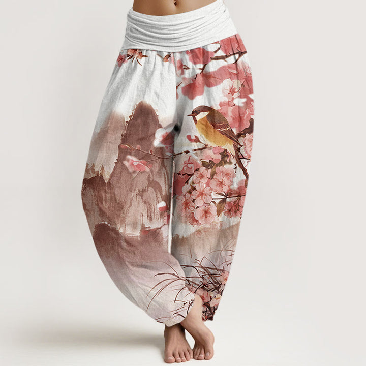 Buddha Stones Bird Cherry Blossom Mountains Pattern Women's Elastic Waist Harem Pants