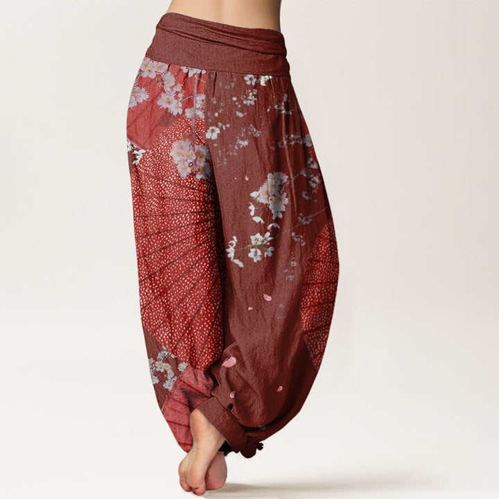 Buddha Stones Casual Red Oil-paper Umbrella Cherry Blossom Pattern Women's Elastic Waist Harem Pants