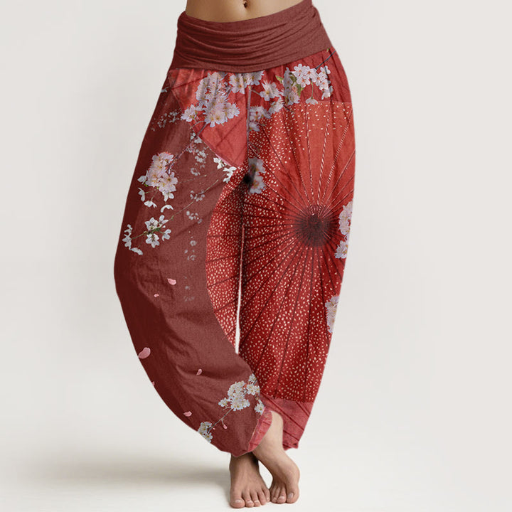 Buddha Stones Casual Red Oil-paper Umbrella Cherry Blossom Pattern Women's Elastic Waist Harem Pants