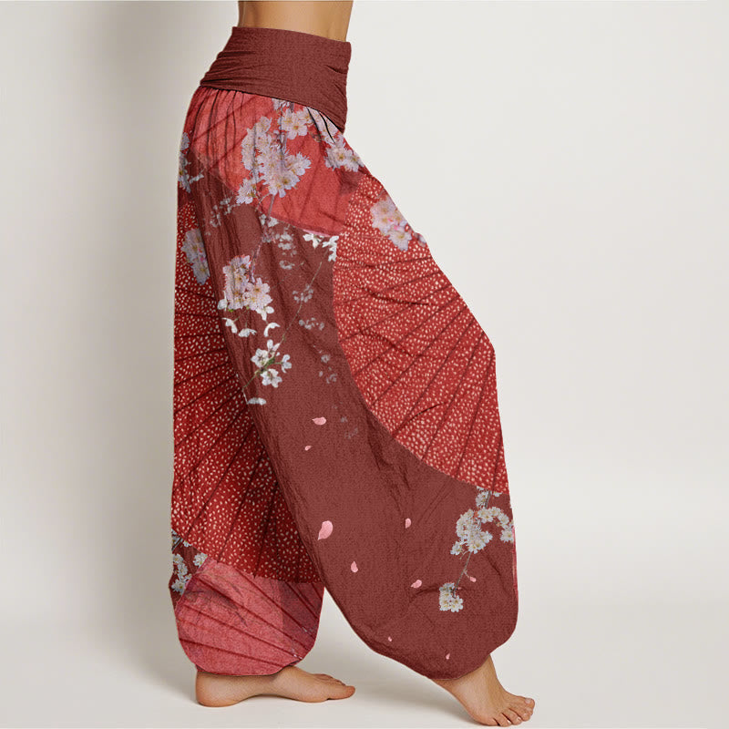 Buddha Stones Casual Red Oil-paper Umbrella Cherry Blossom Pattern Women's Elastic Waist Harem Pants