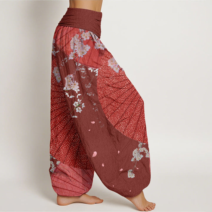 Buddha Stones Casual Red Oil-paper Umbrella Cherry Blossom Pattern Women's Elastic Waist Harem Pants