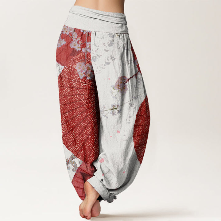 Buddha Stones Casual Red Oil-paper Umbrella Cherry Blossom Pattern Women's Elastic Waist Harem Pants