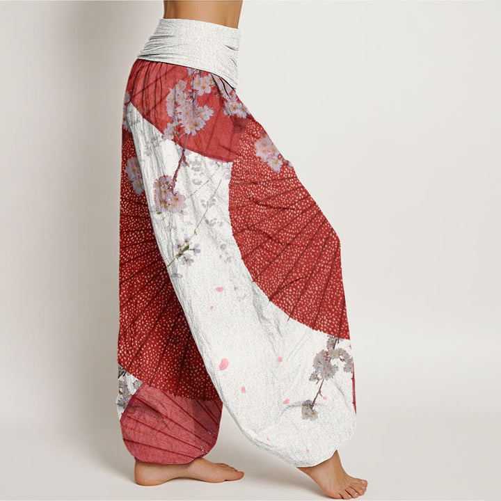 Buddha Stones Casual Red Oil-paper Umbrella Cherry Blossom Pattern Women's Elastic Waist Harem Pants