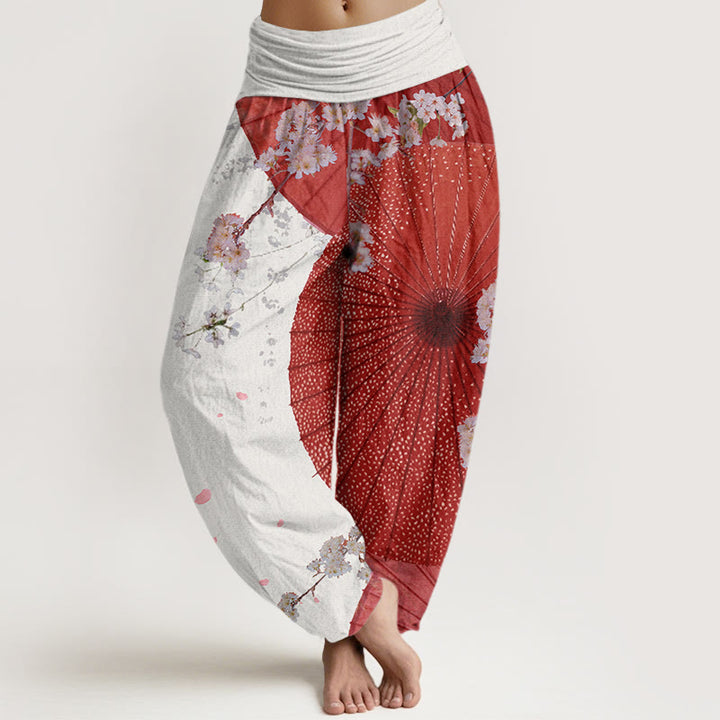 Buddha Stones Casual Red Oil-paper Umbrella Cherry Blossom Pattern Women's Elastic Waist Harem Pants