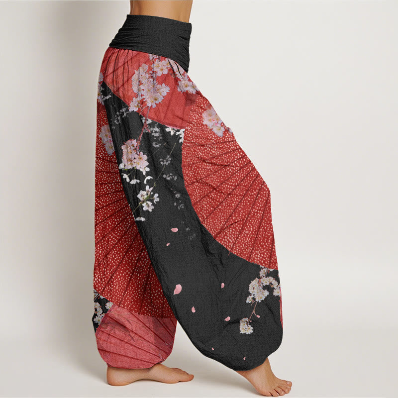 Buddha Stones Casual Red Oil-paper Umbrella Cherry Blossom Pattern Women's Elastic Waist Harem Pants
