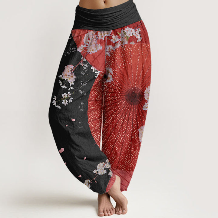 Buddha Stones Casual Red Oil-paper Umbrella Cherry Blossom Pattern Women's Elastic Waist Harem Pants