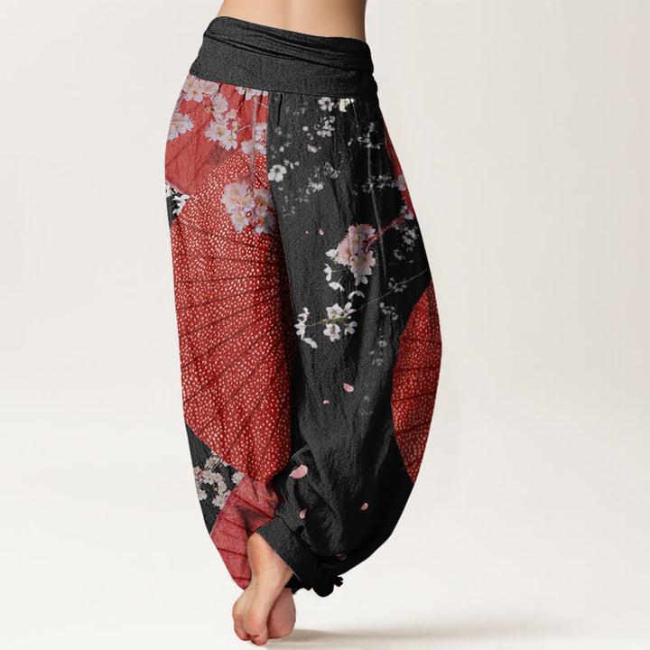 Buddha Stones Casual Red Oil-paper Umbrella Cherry Blossom Pattern Women's Elastic Waist Harem Pants