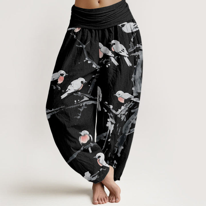 Buddha Stones Casual Bird Branches Pattern Women's Elastic Waist Harem Pants