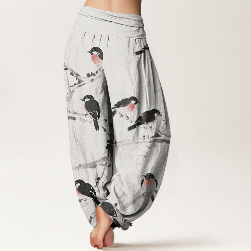 Buddha Stones Casual Bird Branches Pattern Women's Elastic Waist Harem Pants