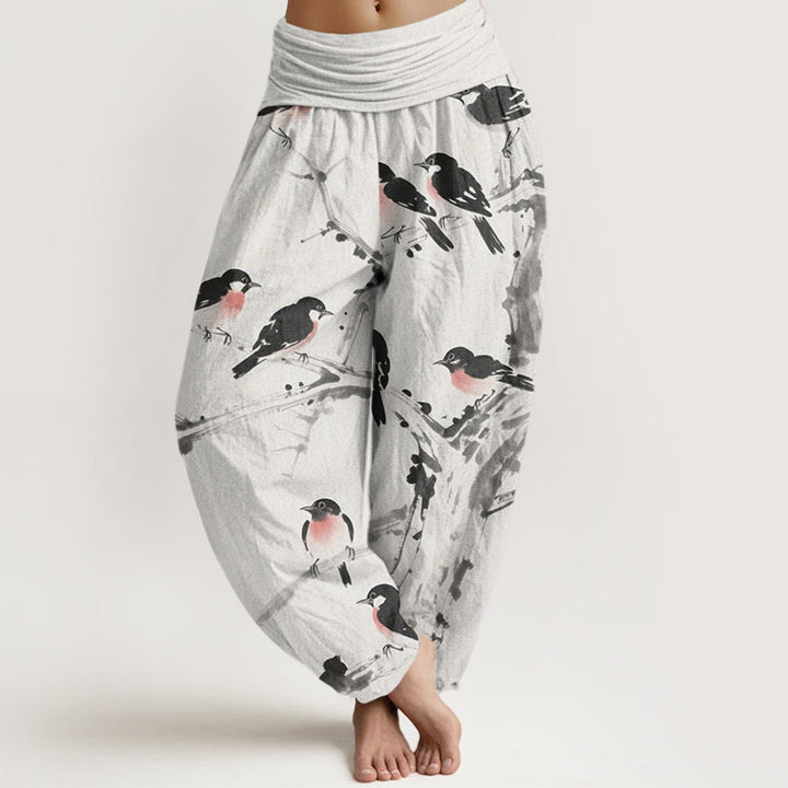 Buddha Stones Casual Bird Branches Pattern Women's Elastic Waist Harem Pants