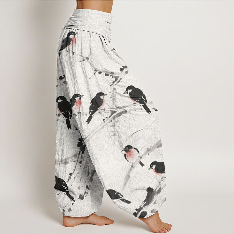 Buddha Stones Casual Bird Branches Pattern Women's Elastic Waist Harem Pants