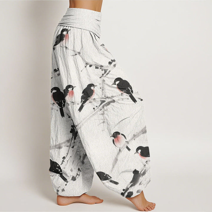 Buddha Stones Casual Bird Branches Pattern Women's Elastic Waist Harem Pants