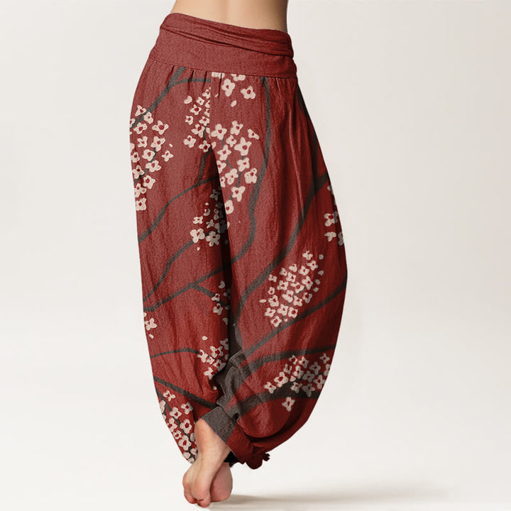 Buddha Stones Casual Plum Blossom Branch Pattern Women's Elastic Waist Harem Pants