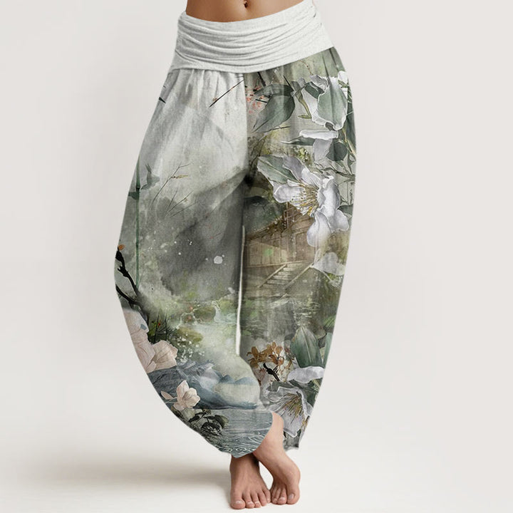 Buddha Stones Bamboo Tree Pavilion Flower Pattern Women's Elastic Waist Harem Pants