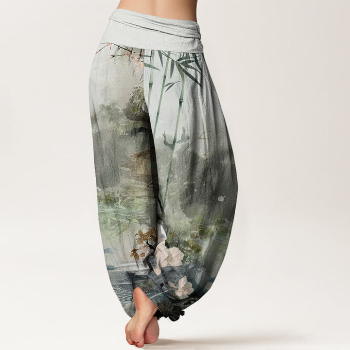 Buddha Stones Bamboo Tree Pavilion Flower Pattern Women's Elastic Waist Harem Pants