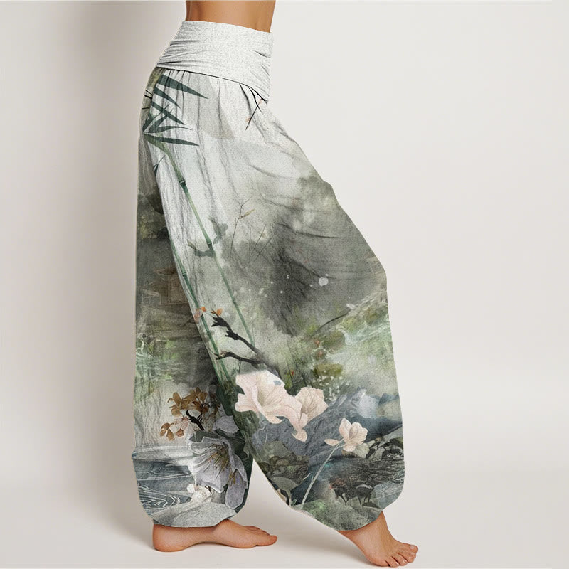 Buddha Stones Bamboo Tree Pavilion Flower Pattern Women's Elastic Waist Harem Pants
