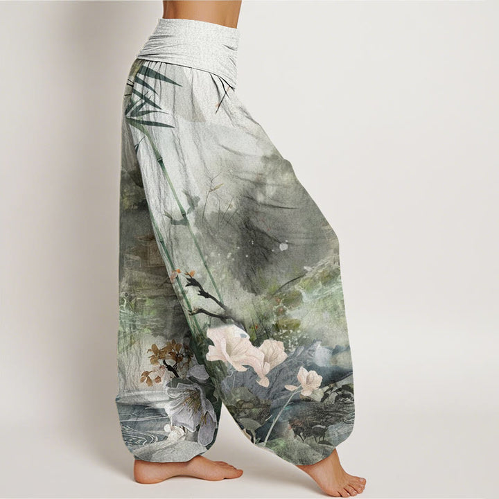 Buddha Stones Bamboo Tree Pavilion Flower Pattern Women's Elastic Waist Harem Pants
