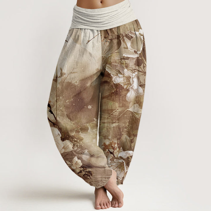 Buddha Stones Bamboo Tree Pavilion Flower Pattern Women's Elastic Waist Harem Pants