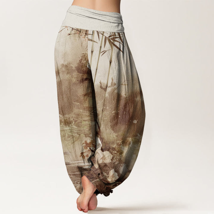 Buddha Stones Bamboo Tree Pavilion Flower Pattern Women's Elastic Waist Harem Pants