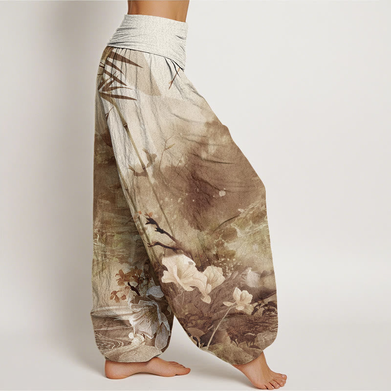 Buddha Stones Bamboo Tree Pavilion Flower Pattern Women's Elastic Waist Harem Pants