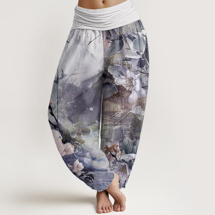 Buddha Stones Bamboo Tree Pavilion Flower Pattern Women's Elastic Waist Harem Pants
