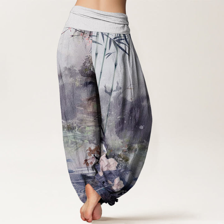 Buddha Stones Bamboo Tree Pavilion Flower Pattern Women's Elastic Waist Harem Pants
