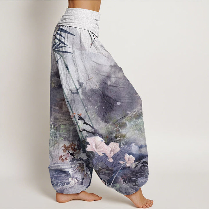 Buddha Stones Bamboo Tree Pavilion Flower Pattern Women's Elastic Waist Harem Pants