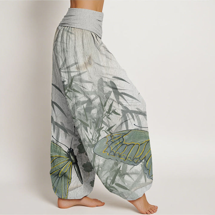 Buddha Stones Butterfly Bamboo Flower Pattern Women's Elastic Waist Harem Pants