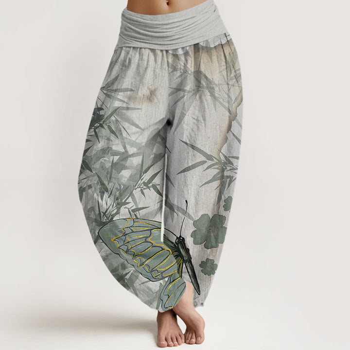 Buddha Stones Butterfly Bamboo Flower Pattern Women's Elastic Waist Harem Pants