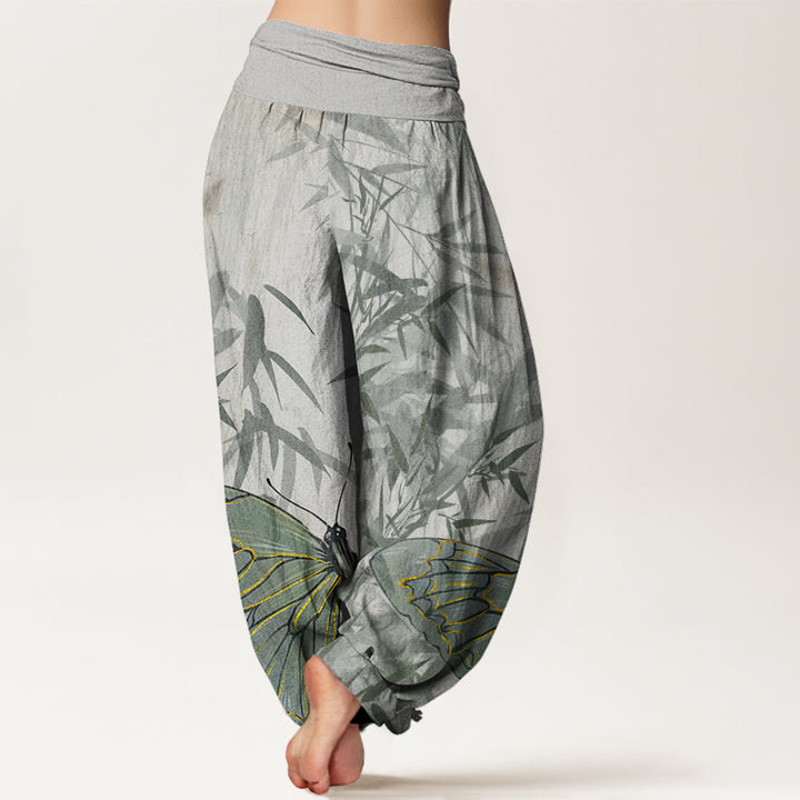 Buddha Stones Butterfly Bamboo Flower Pattern Women's Elastic Waist Harem Pants