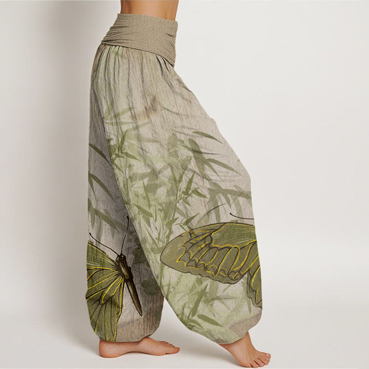 Buddha Stones Butterfly Bamboo Flower Pattern Women's Elastic Waist Harem Pants