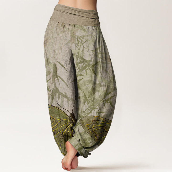 Buddha Stones Butterfly Bamboo Flower Pattern Women's Elastic Waist Harem Pants