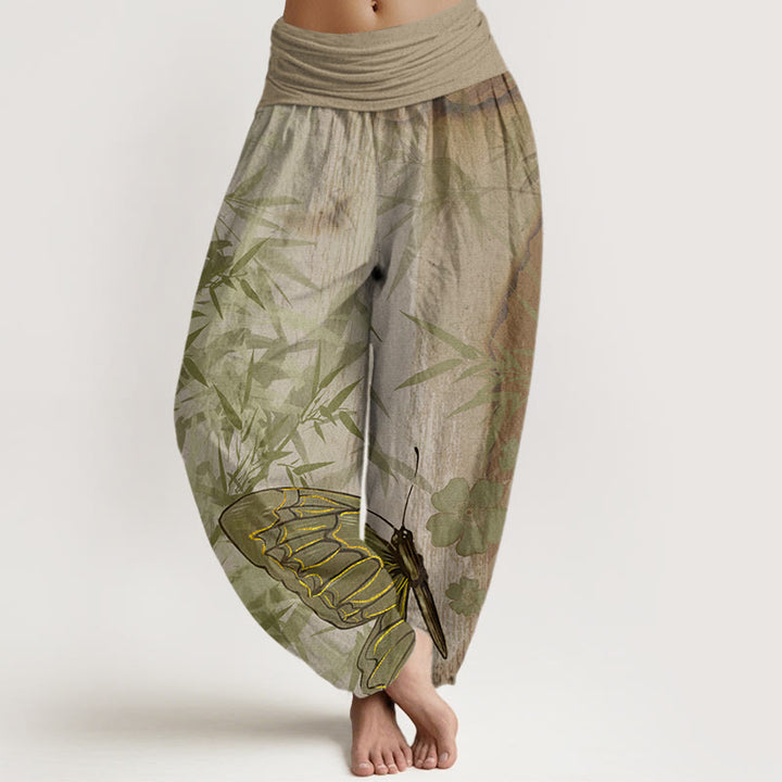 Buddha Stones Butterfly Bamboo Flower Pattern Women's Elastic Waist Harem Pants