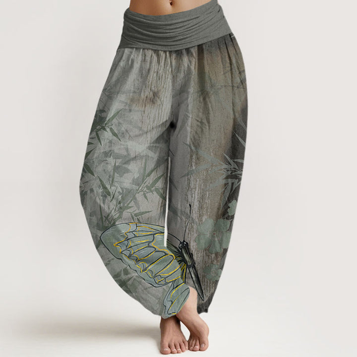Buddha Stones Butterfly Bamboo Flower Pattern Women's Elastic Waist Harem Pants
