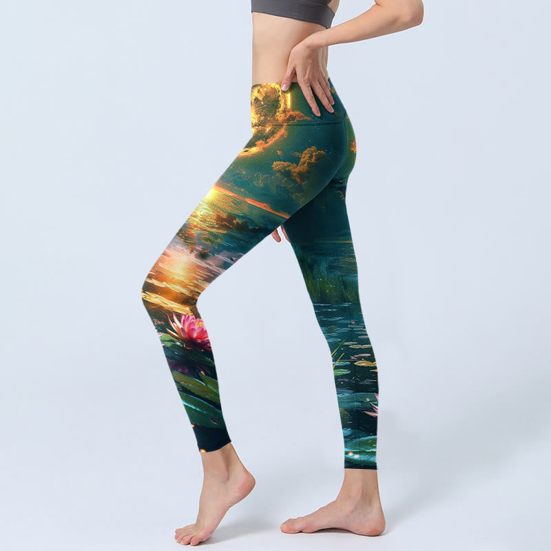 Buddha Stones Full Moon Lotus Flowers Leaves Pattern Print Gym Leggings Women's Yoga Pants - image 2