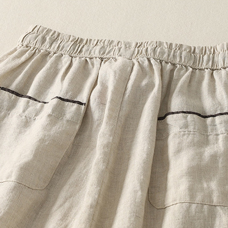 Buddha Stones Summer Casual Pure Color Drawstring 9 Length Cotton Linen Women's Harem Pants With Pockets