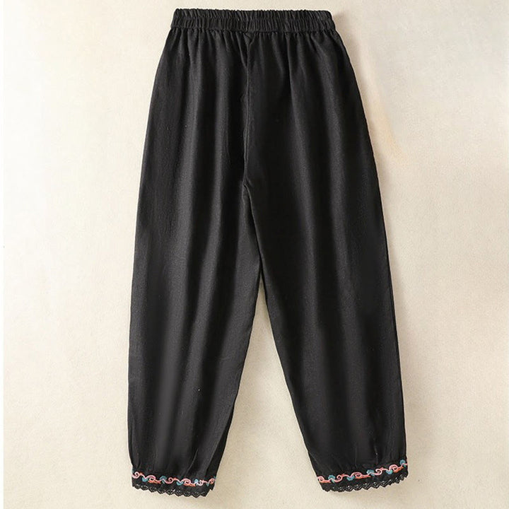 Buddha Stones Casual Plain Lace Side Design 7-8 Length Cotton Linen Women's Harem Pants With Pockets
