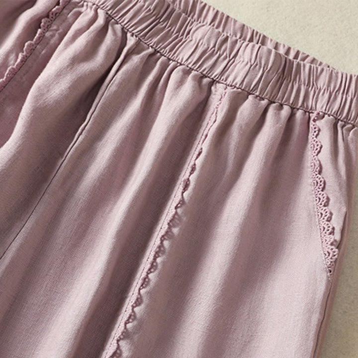 Buddha Stones Casual Plain Lace Side Design 7-8 Length Cotton Linen Women's Harem Pants With Pockets
