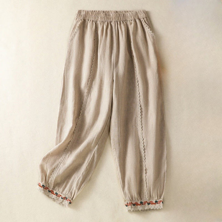 Buddha Stones Casual Plain Lace Side Design 7-8 Length Cotton Linen Women's Harem Pants With Pockets