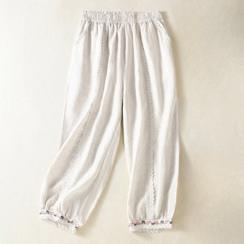 Buddha Stones Casual Plain Lace Side Design 7-8 Length Cotton Linen Women's Harem Pants With Pockets